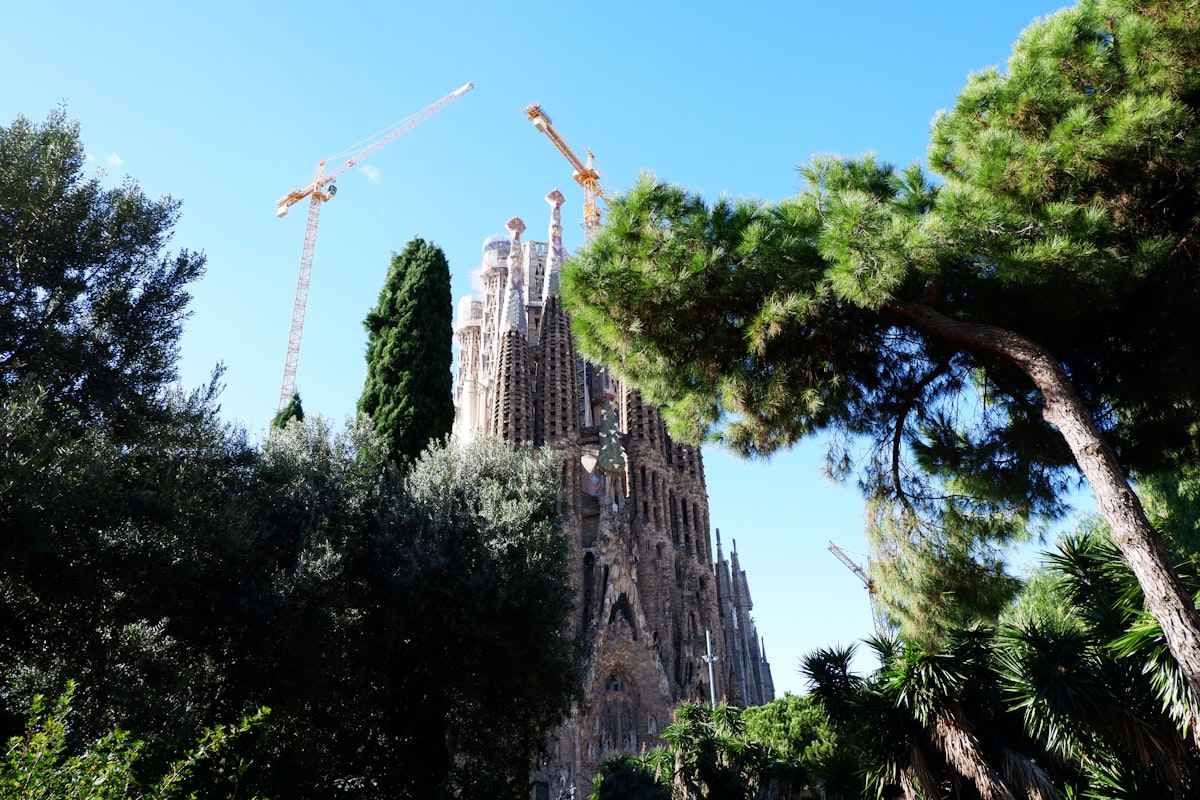 Barcelona cityscape with Sagrada Familia and Mediterranean