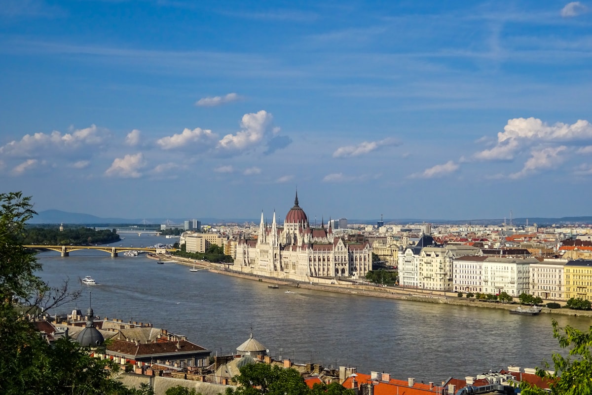 Budapest Parliament building along the Danube at sunset
