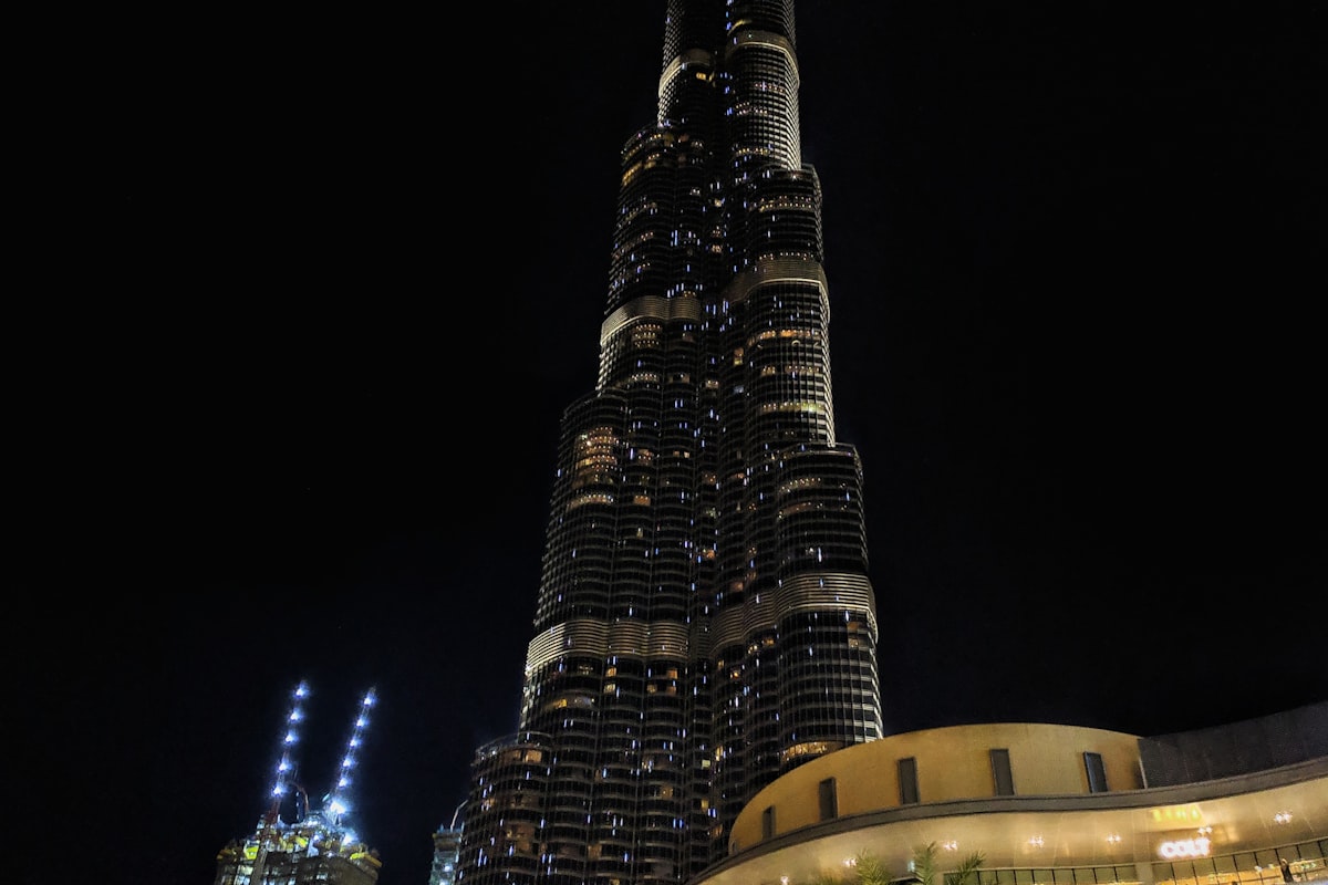 Dubai skyline with Burj Khalifa at sunset