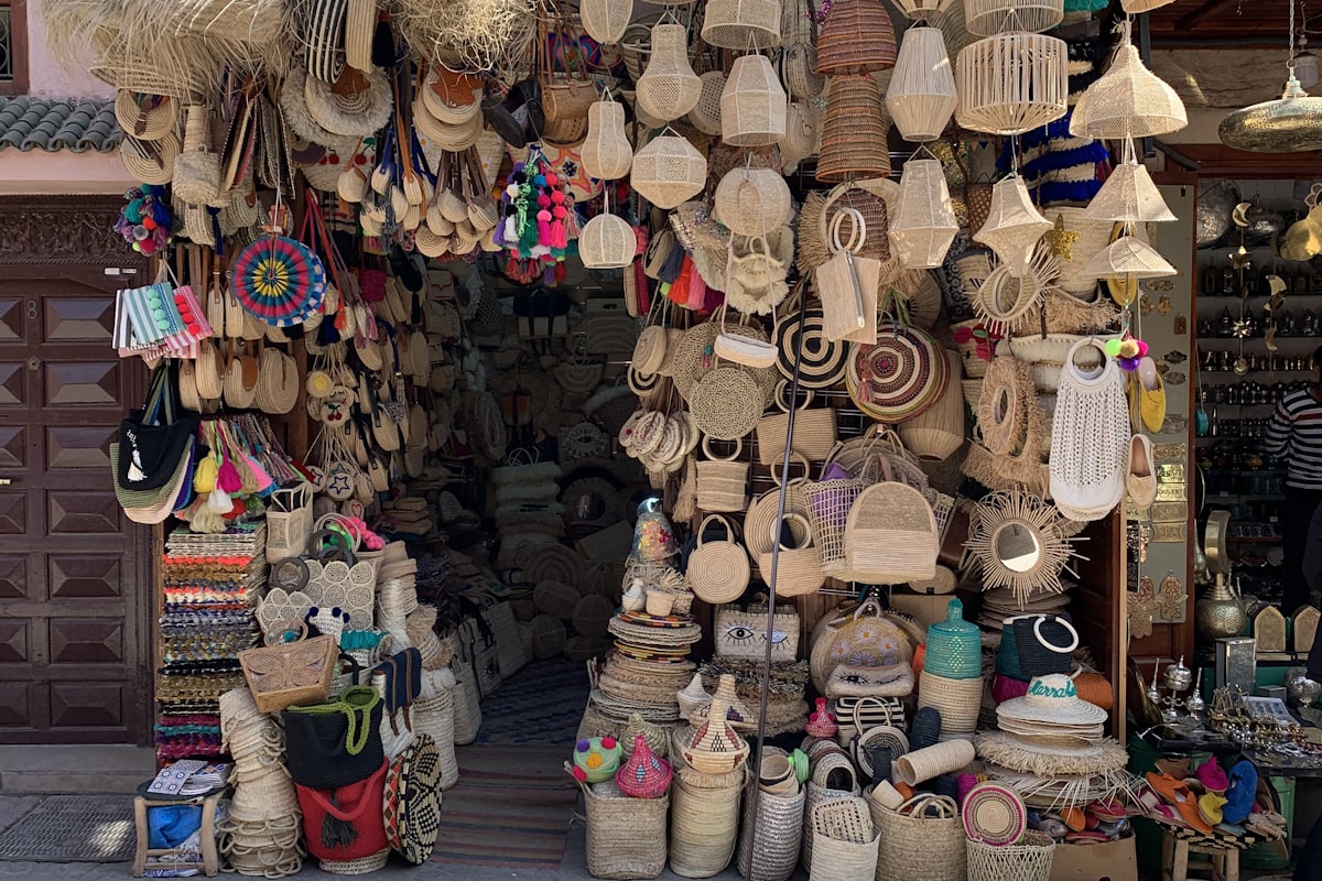 Marrakech medina alley with colourful crafts