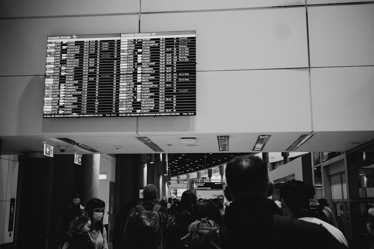 Airport departure board showing international flights