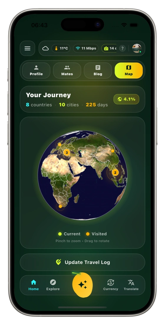 Travel log globe showing your journey