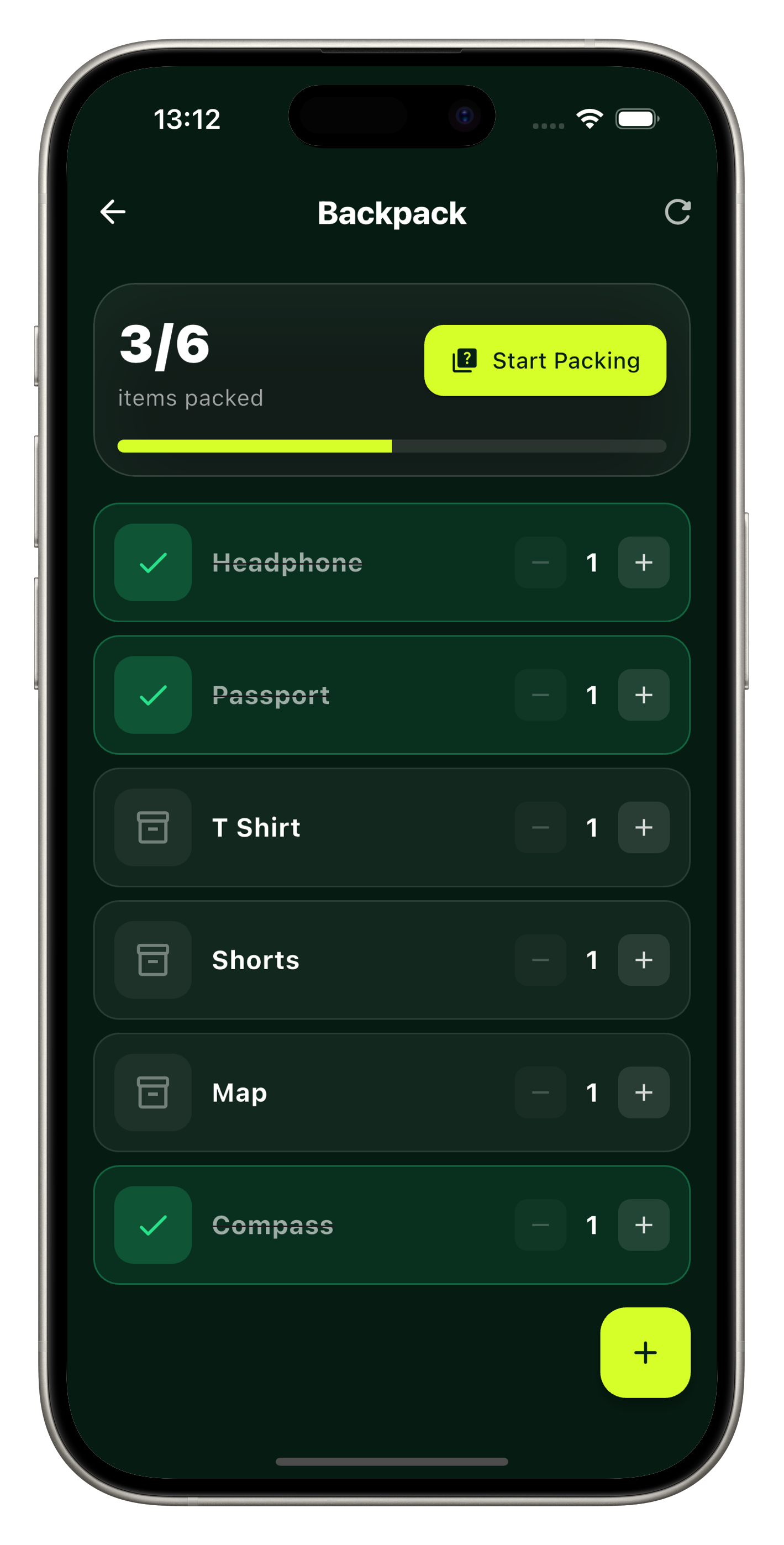 Packing list with checked items