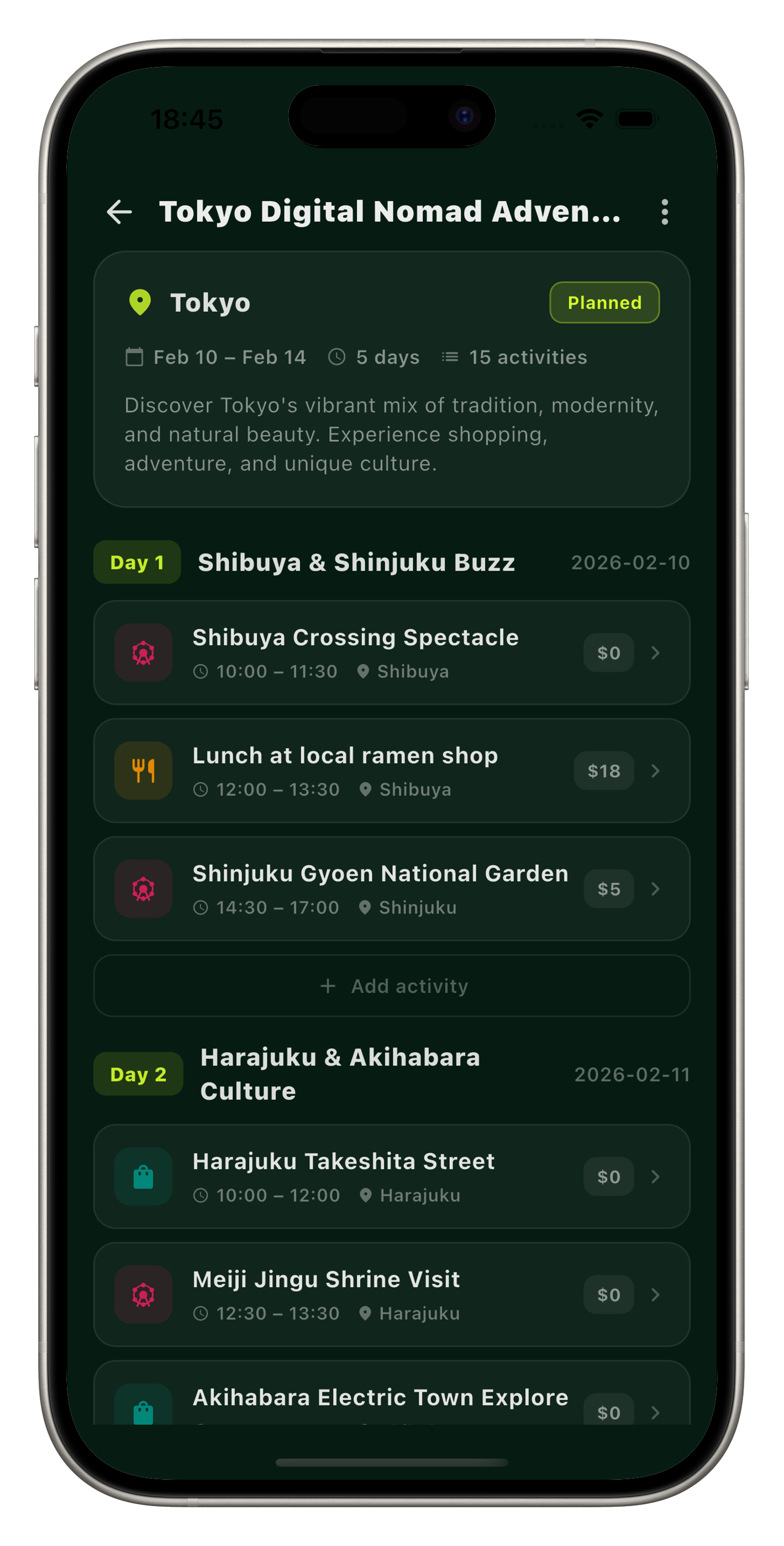 AI Trip Planner showing a Tokyo itinerary