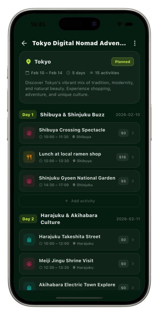AI Trip Planner showing a Tokyo itinerary