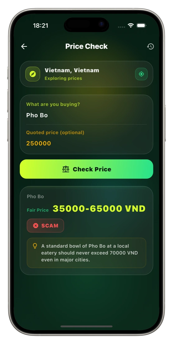 Price checker showing fair price for a tuk-tuk ride
