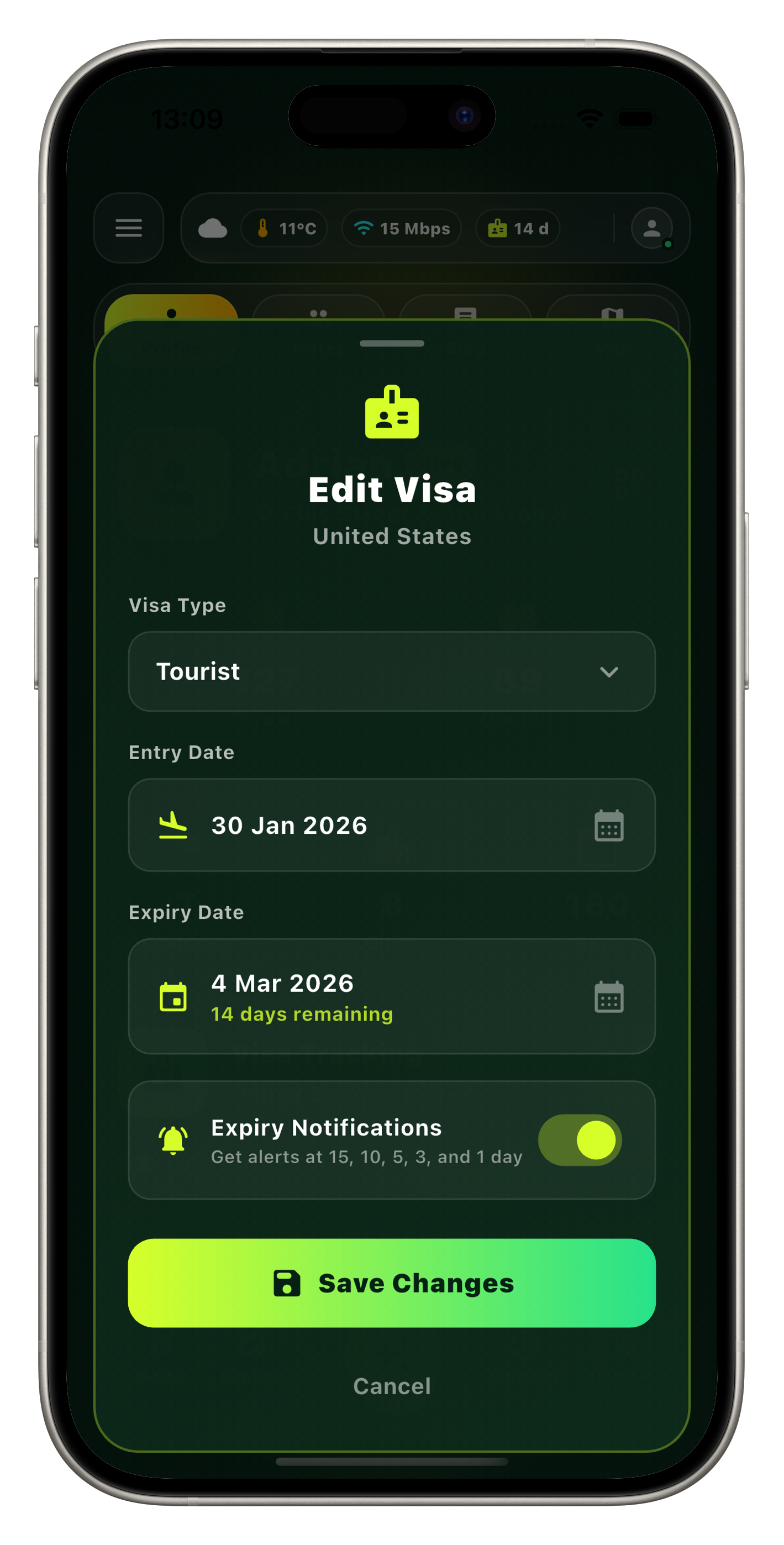 Visa tracking with active visas and expiry dates