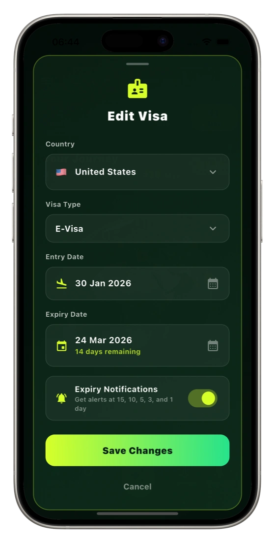Visa tracking with active visas and expiry dates
