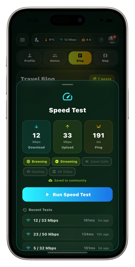 Home dashboard with WiFi speed test